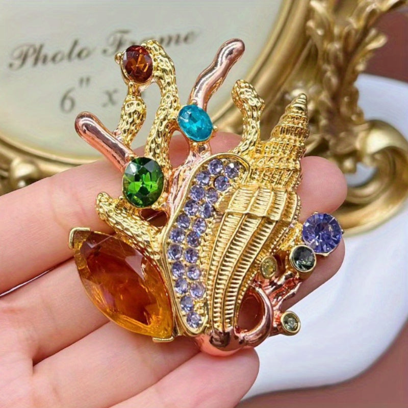 Vintage Conch Shell Brooch with Colorful Rhinestones Marine Jewelry for Women
