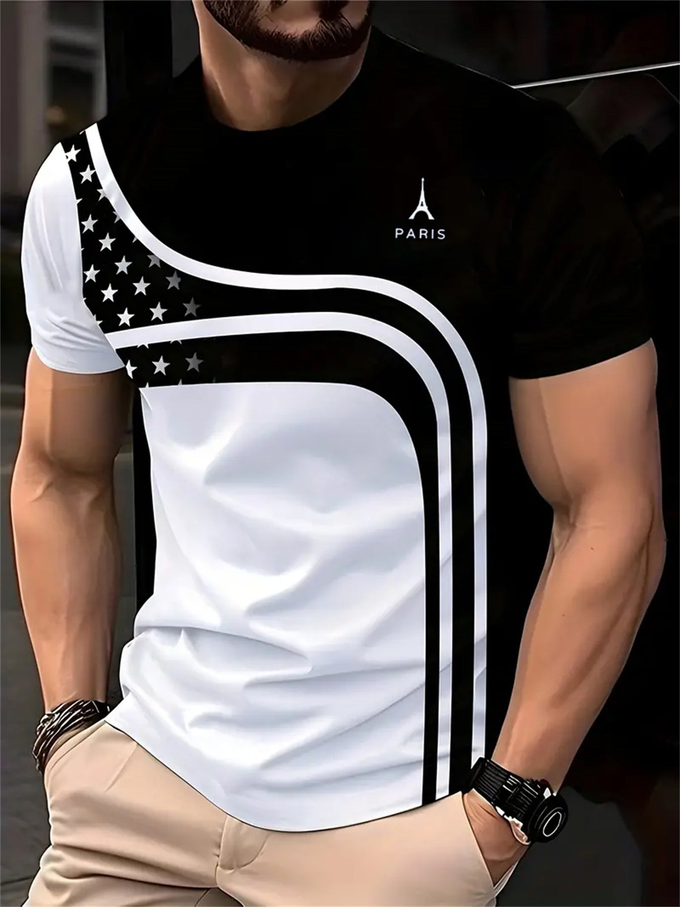 Мужская винтажная футболка с графикой Эйфелевой башни, полиэстер, круглый вырез, геометрический узор, вязаная ткань