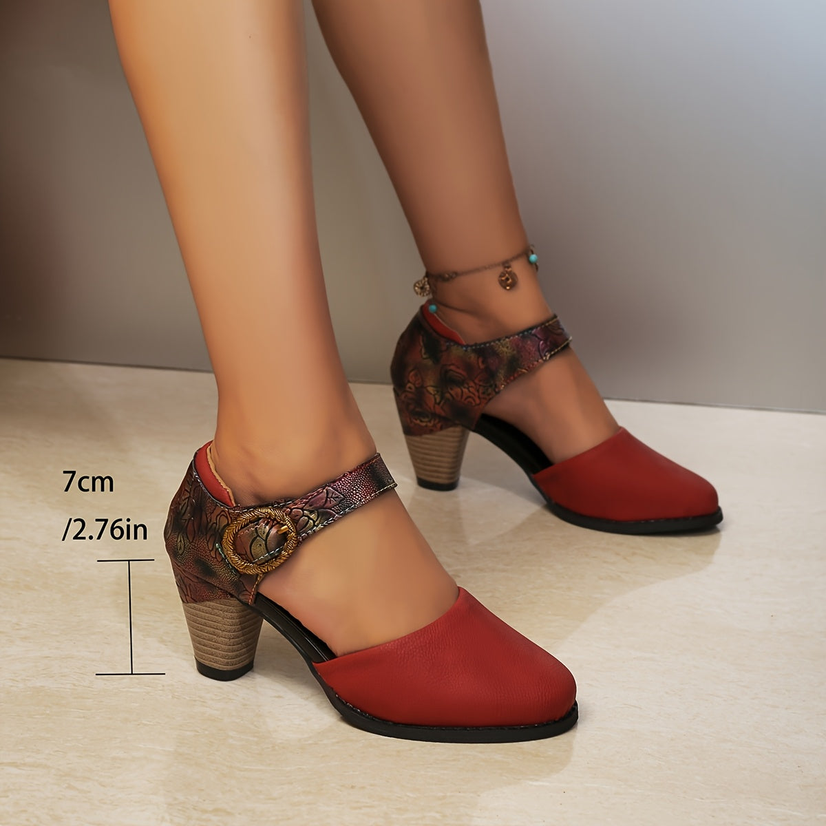 Women's Retro Print Fashion High Heel Round Toe Buckle Shoes
