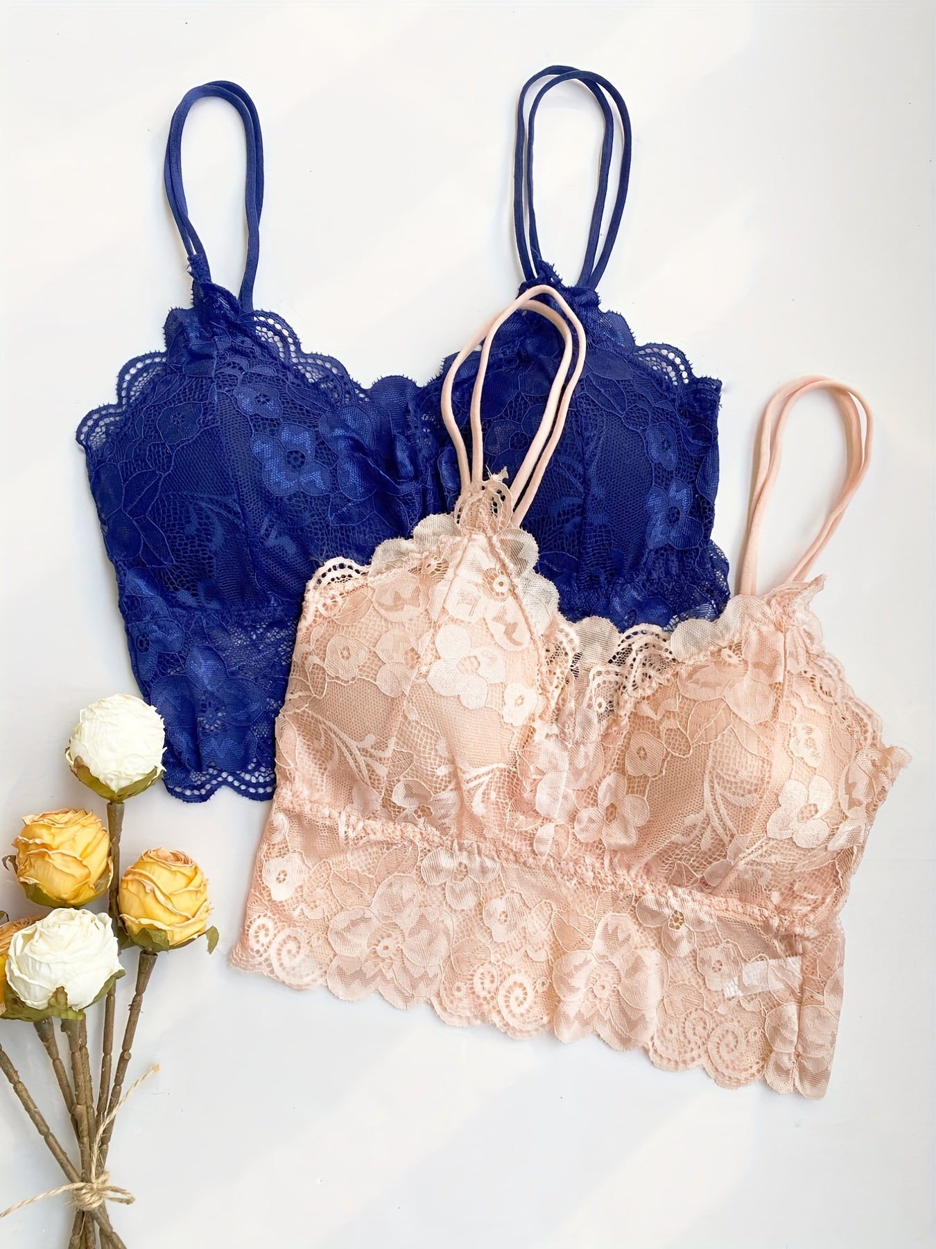 Women's Lace Bralette with Floral Scallop Trim Double Straps Chest Pad Lightweight Soft