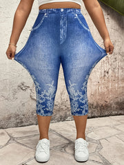 Plus Size Women's Denim Look Capri Pants with Elastic Waist Floral Print