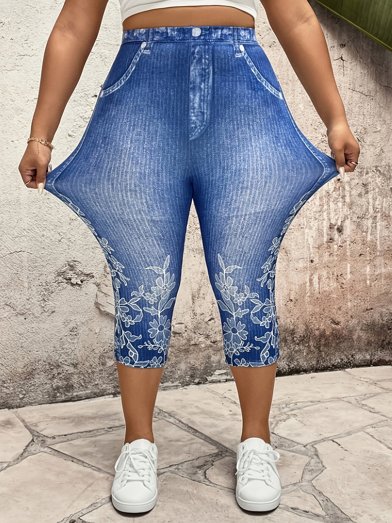 Plus Size Women's Denim Look Capri Pants with Elastic Waist Floral Print