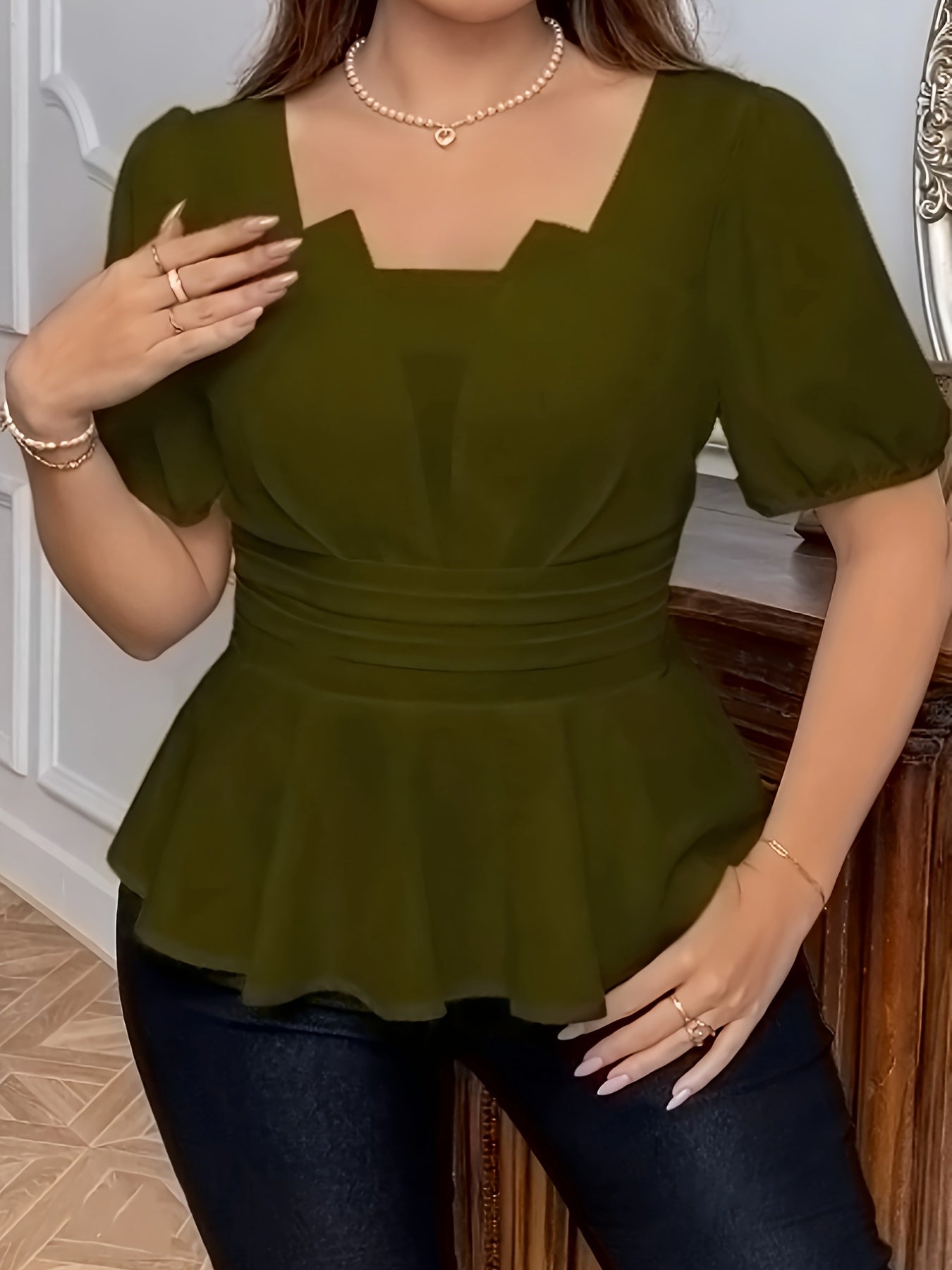 Plus Size Women's Blouse Short Sleeve Square Neck Soft Pink Flowy Top