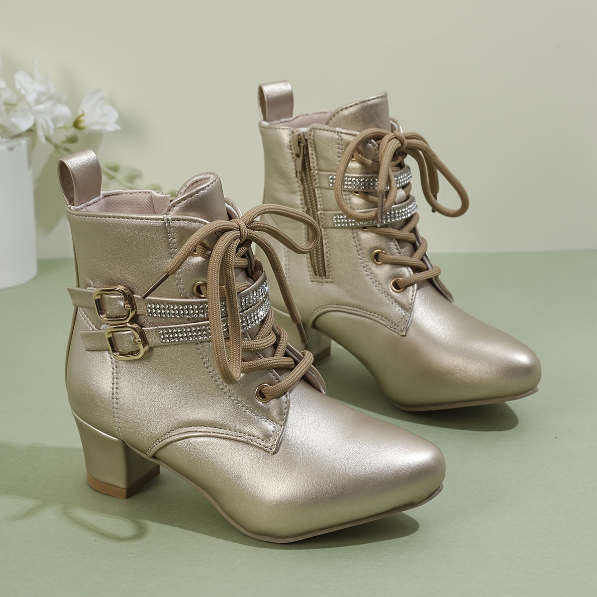 Women's White Ankle Boots with Golden Buckles Side Zipper Chunky Heel