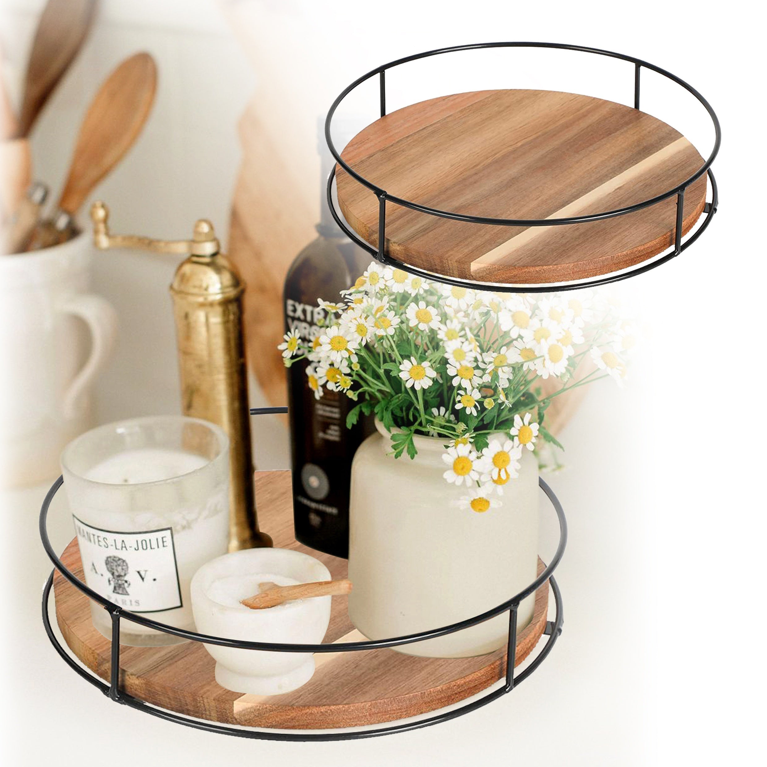 Wooden Makeup Organizer with Steel Handrails Rotating 360° Desktop Storage