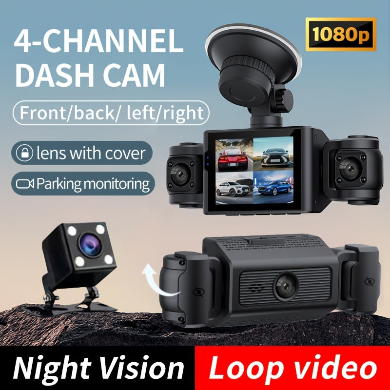4-kanalli HD 1080P Dash Cam to'plami keng burchakli linza bilan, kechqurun ko'rish, aylantiriladigan yozuv, G-sensor bilan qora rangda