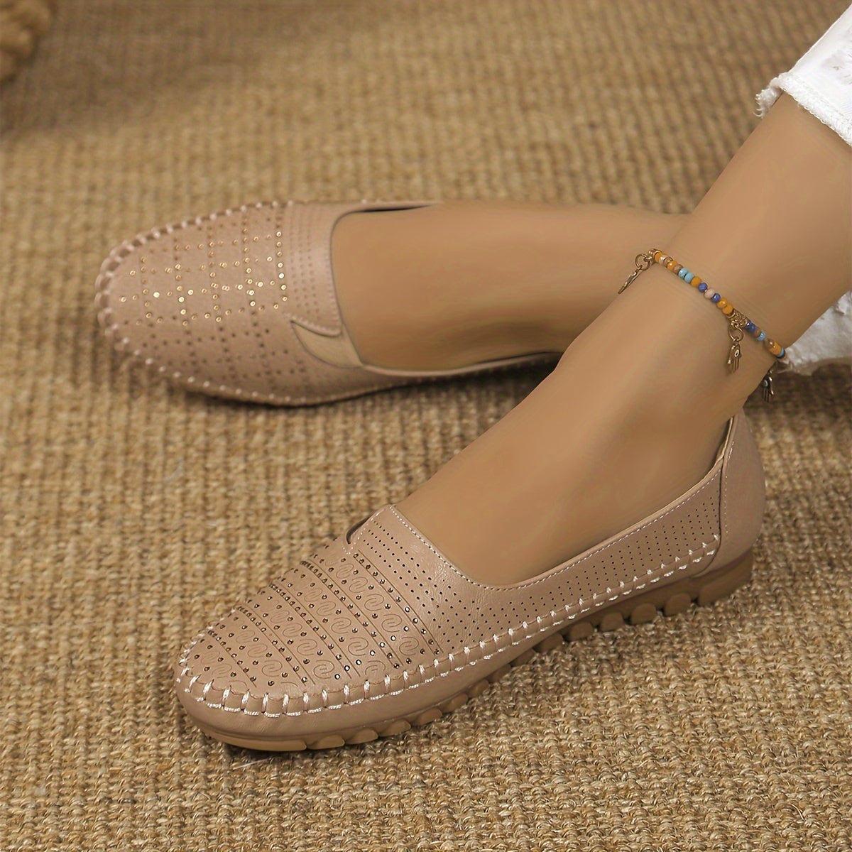 Women's White Slip-On Flat Shoes Lightweight Perforated Casual Comfort