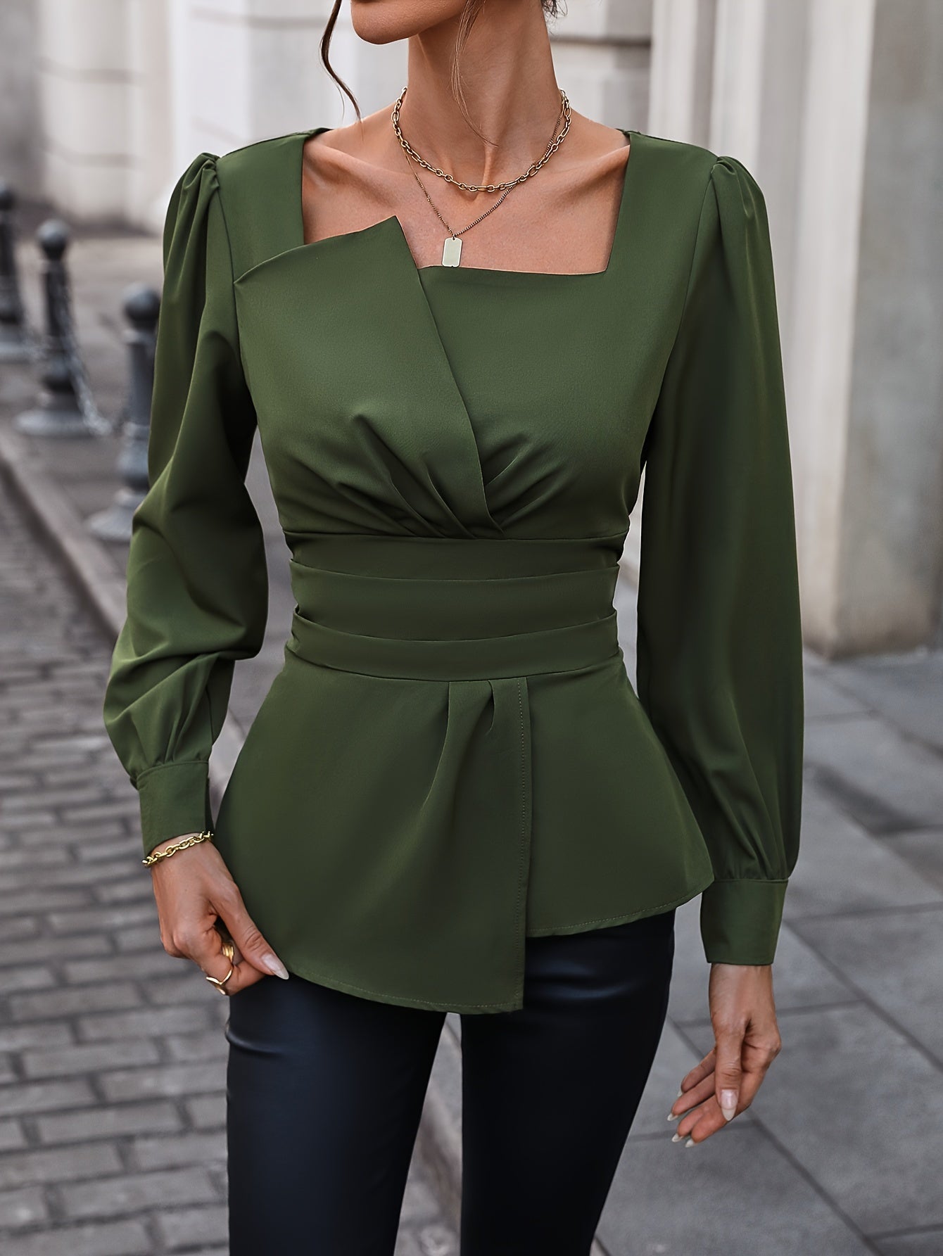 Women's Olive Green Blouse with Square Neck Puff Sleeves Asymmetric Hem for Spring Summer