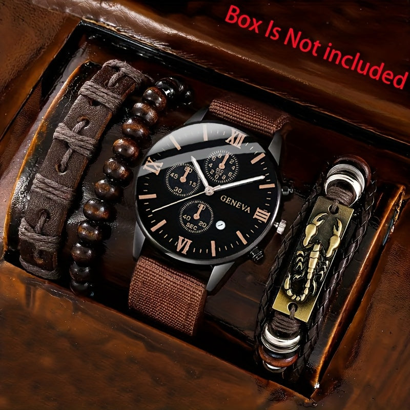 Conjunto de reloj de cuarzo para hombre con correas de imitación de cuero marrón, caja de aleación, función de calendario y pulseras a juego
