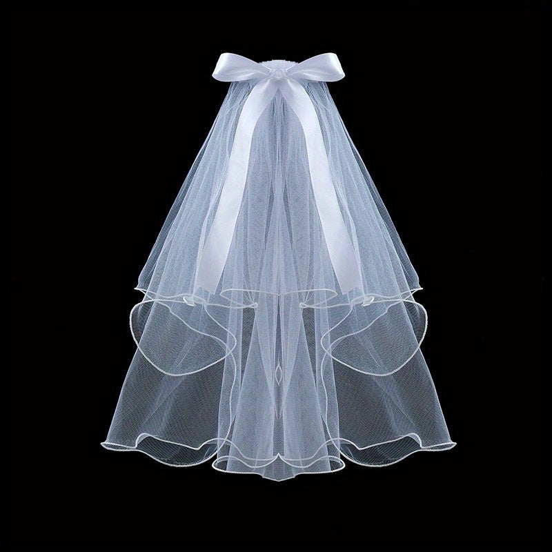 Velo de novia con 2 niveles, lazo de raso con perlas falsas, peineta para novia, borde rizado