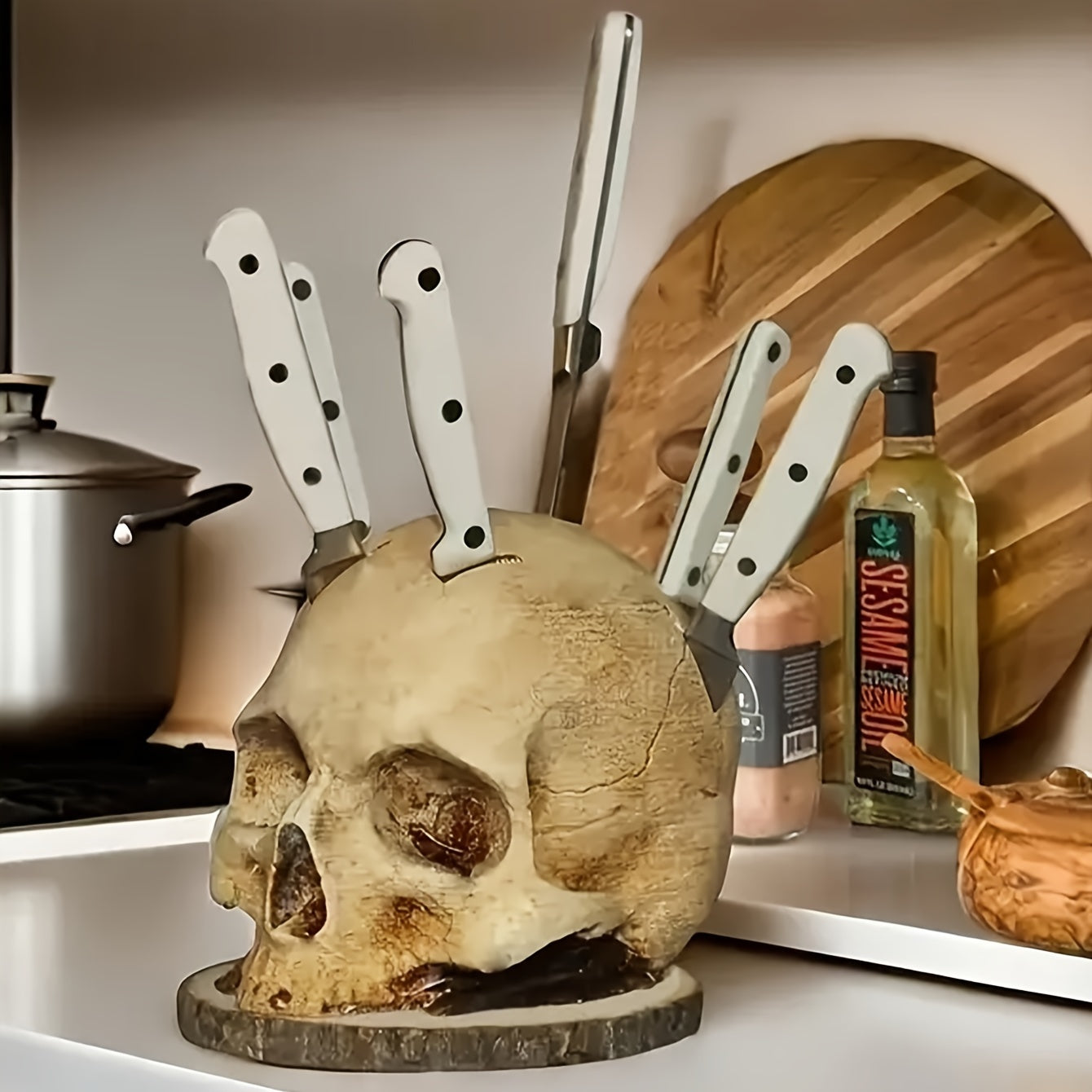 Halloween Skeleton Skull Knife Holder Gray Durable ABS PET Kitchen Decor