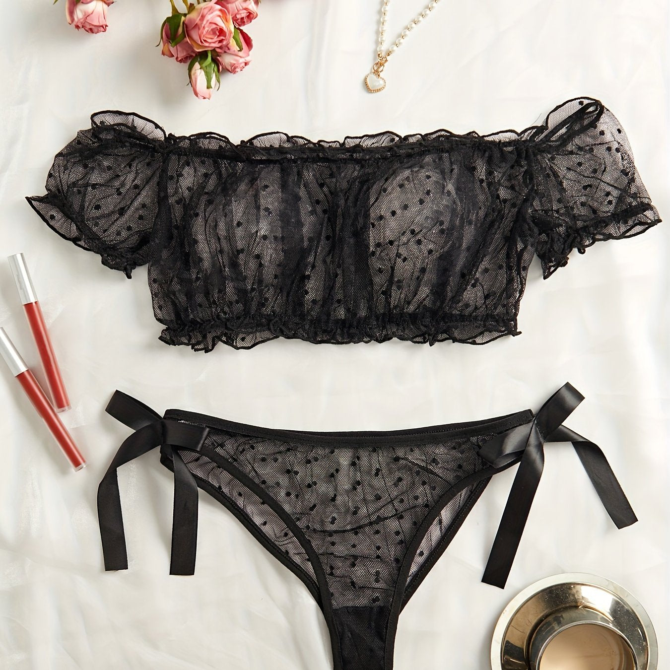 Sexy Mesh Lace One-Shoulder Lingerie Set for Women