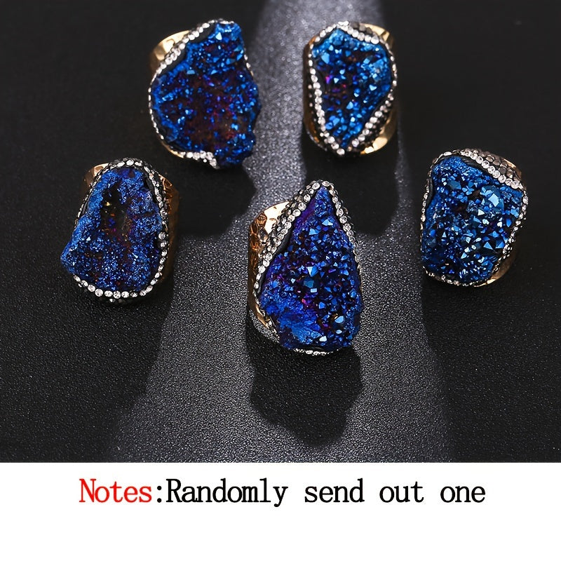 Women’s Irregular Natural Crystal Cluster Cuff Ring Alloy 18K Gold Plated Raw Stone Jewelry