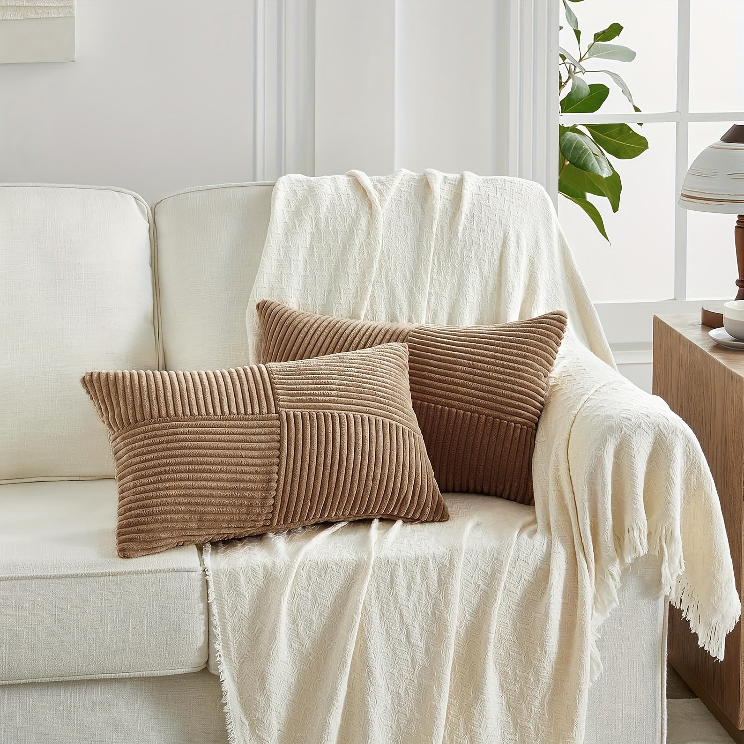 Bohemian Style Corduroy Throw Pillow Covers 2-Pack 45.72x45.72 cm Zippered Polyester Square Cushion Cases for Sofa Bed