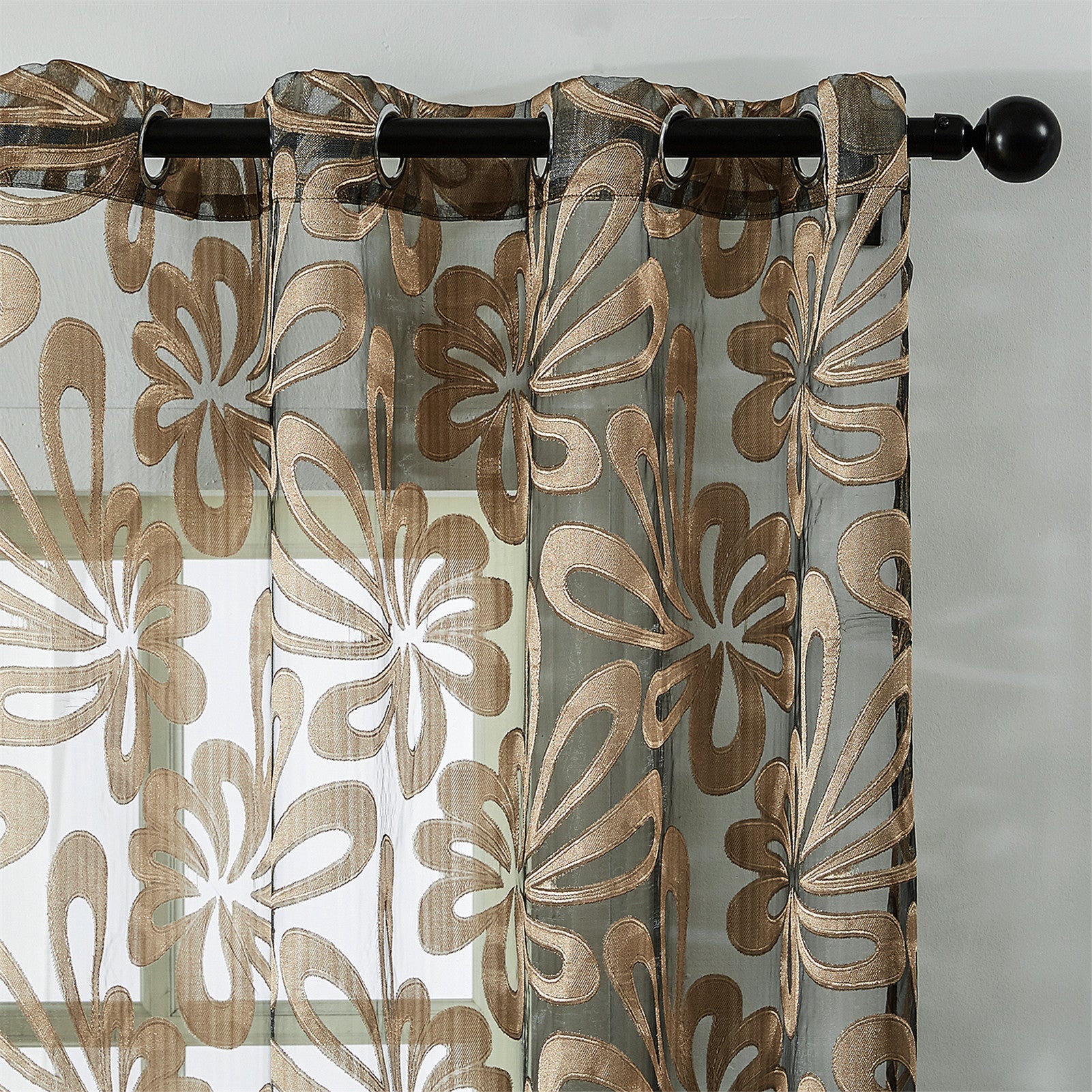 Geometric Sheer Curtain Panel Brown White Floral Jacquard Lightweight Polyester