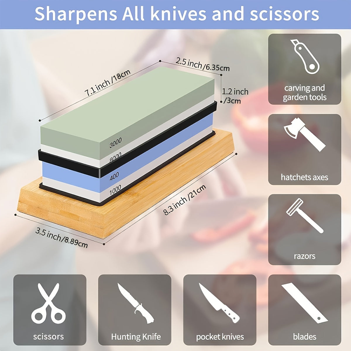 Whetstone Set 4-Sided Knife Sharpener with Grit 400/1000 3000/8000 Non-Slip Base Leather Strop Flattening Stone