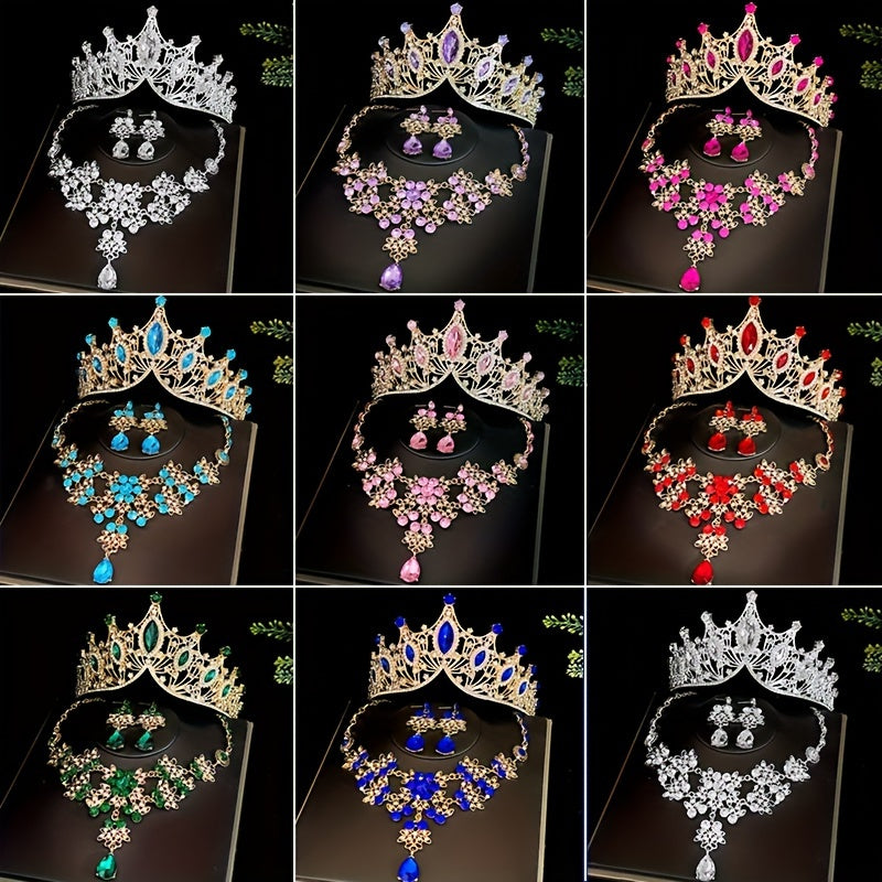 Bridal Jewelry Set Rhinestone Necklace Earrings Crown Wedding Accessories for Brides