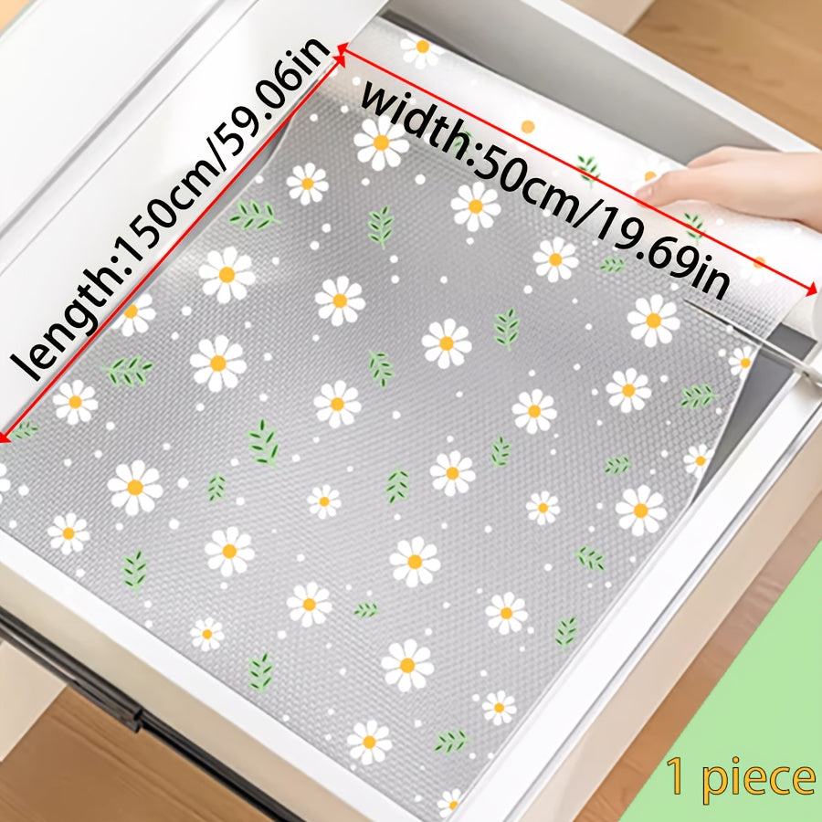 Oshxona shkaflari, tortmalar va poyabzal tokchalari uchun shaffof romashka naqshli javon qoplamasi - Suv o'tkazmaydigan, nam o'tkazmaydigan, dog' va yog'ga chidamli, mog'or oldini oluvchi, chang o'tkazmaydigan - Yapishqoq bo'lmagan EVA mat - 1 rolik