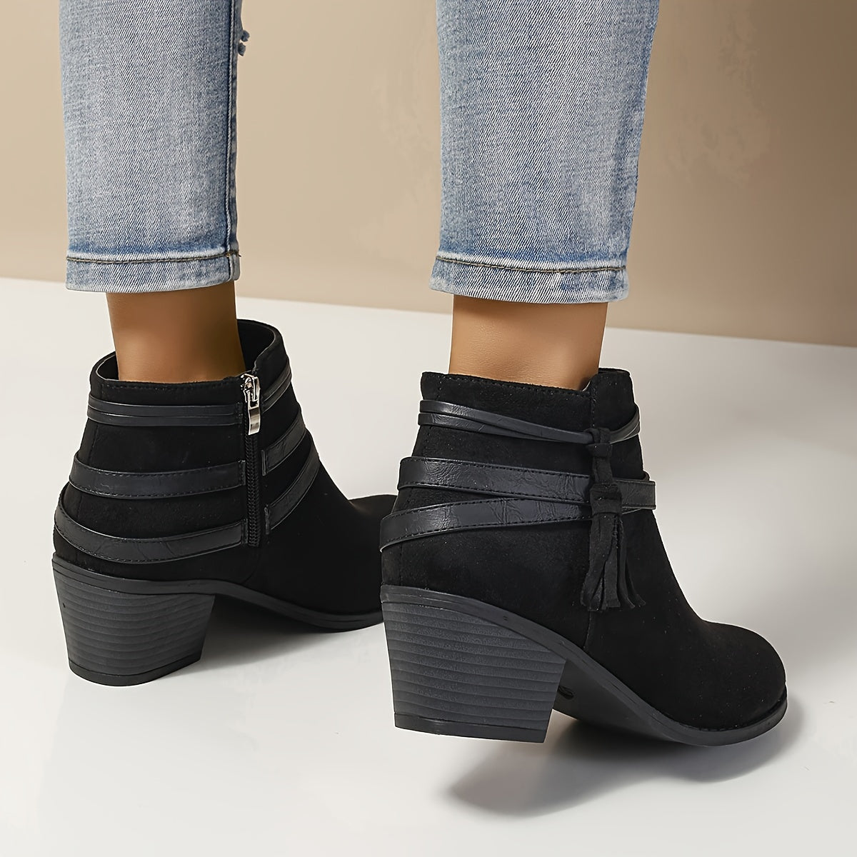 Women's Platform Boots with Tassel Inside Zipper Chunky Heel