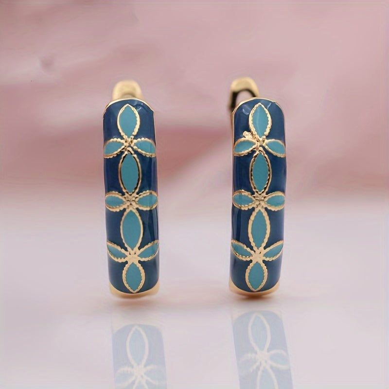 Vintage Inspired Blue Enamel Flower Hoop Earrings with Gold Bordered Copper Design