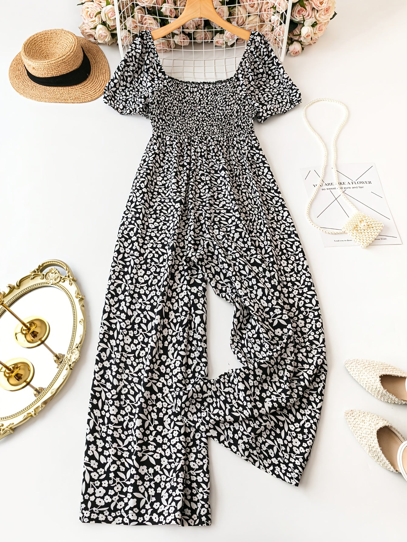 Women's Floral Print High-Waisted Jumpsuit Blue and White Casual Formal