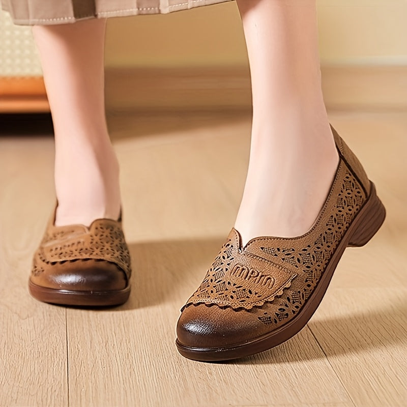 Women's PU Hollow-Out Flat Shoes Casual Slip-On Loafers Breathable Flats
