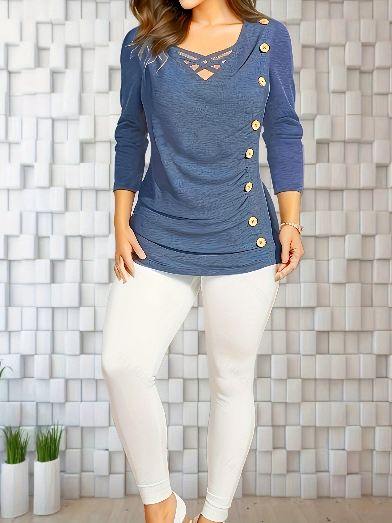 Women's V Neck T-Shirt Long Sleeve Ruched Button Top Solid Polyester Fall Winter