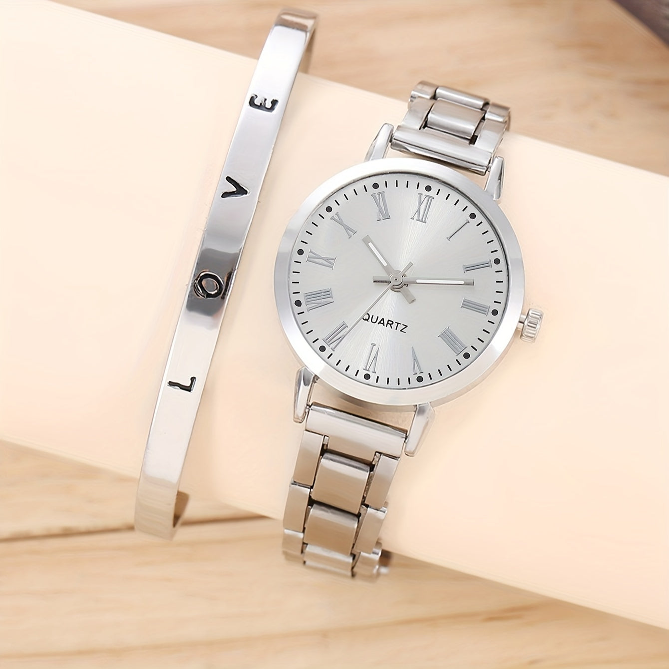 Women's Quartz Watch with Stainless Steel Band and Love Bracelet for Valentine's Day
