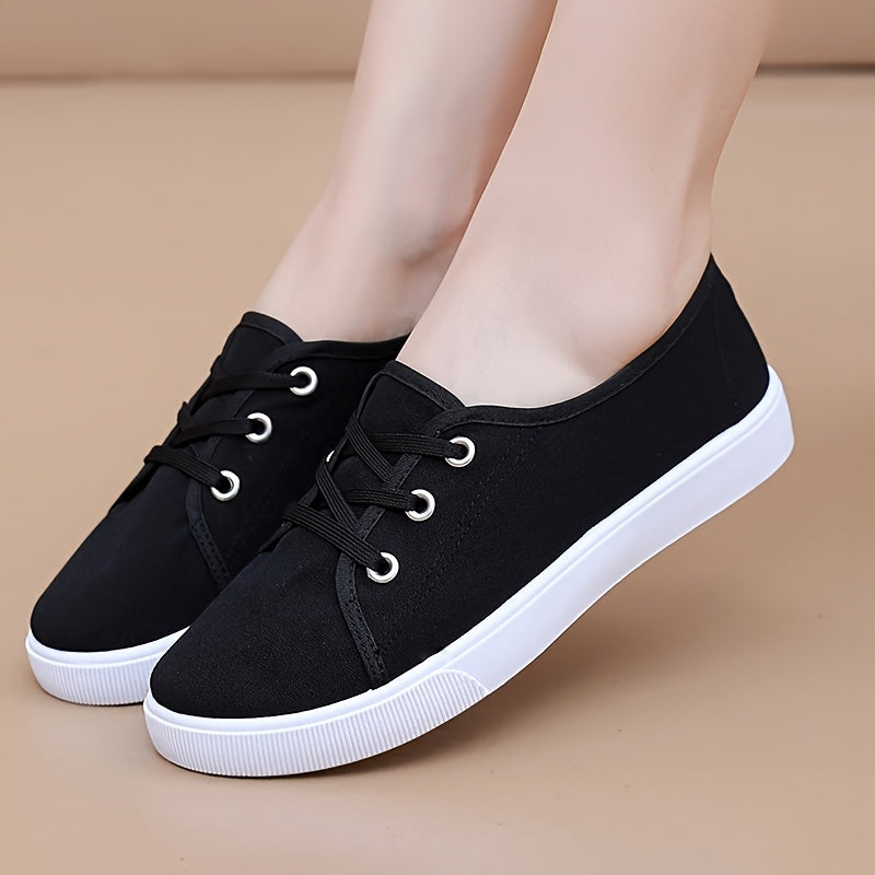 Women's Low-Top Lace-Up Flats Beige Black Breathable Casual All-Season Shoes