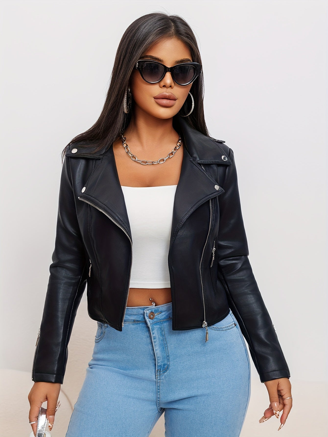 Women's Faux Leather Biker Jacket Slim Fit Solid Color Zipper Front Long Sleeve Spring Autumn
