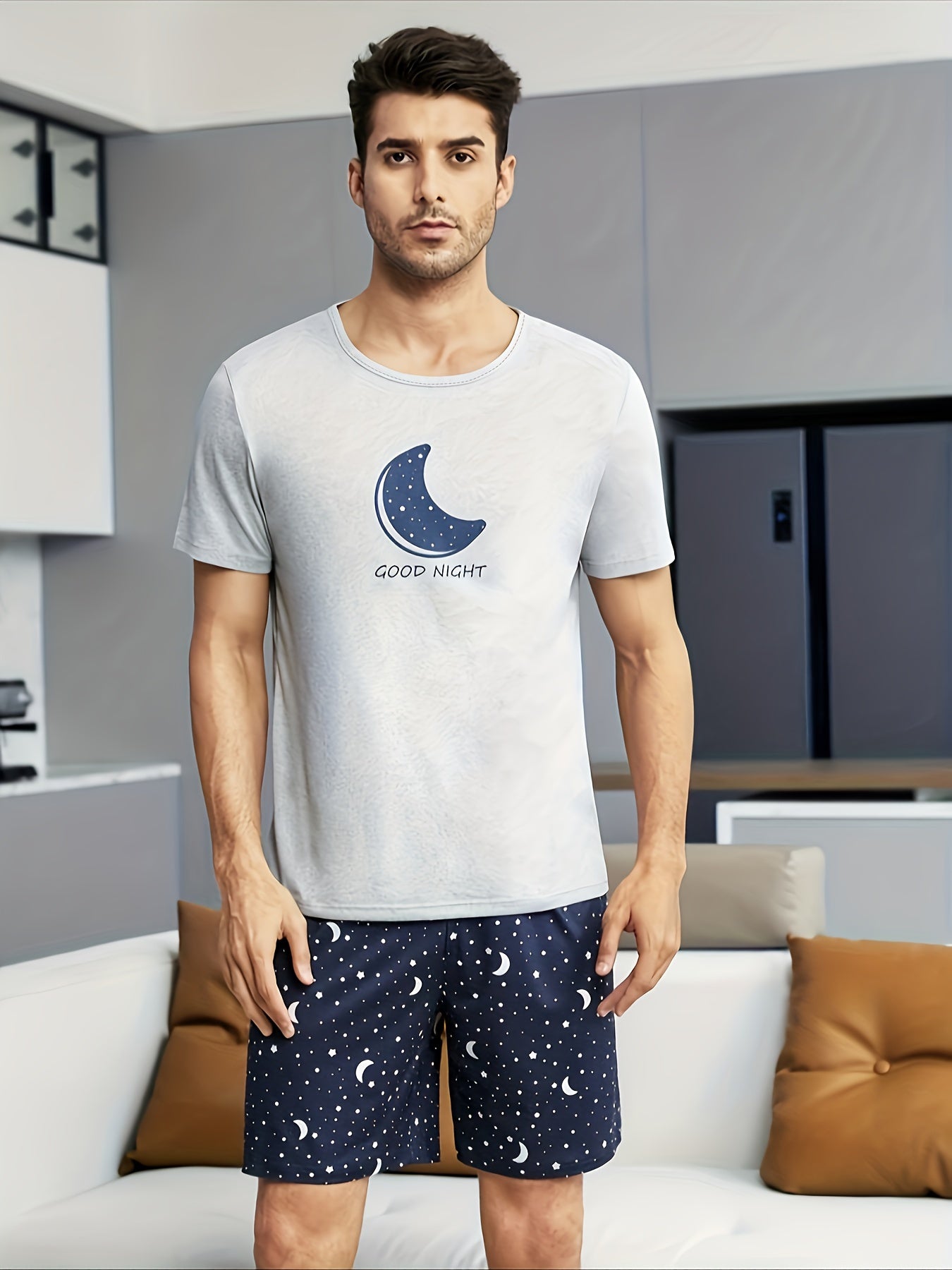Conjunto de pijama para hombre Galaxy Sky Estrellado, de punto casual, poliéster, manga corta