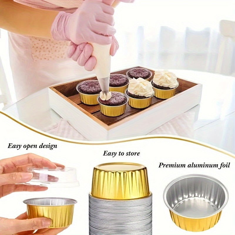 Pack of 50 Disposable Golden Aluminum Foil Dessert Cups with Lids, BPA-Free