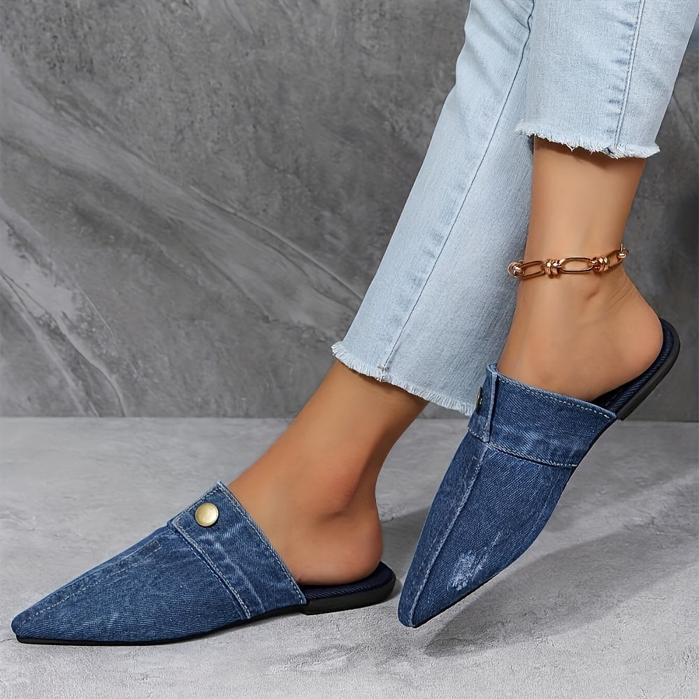 Women's Denim Flat Mules with Pointed Toe Slip-On Casual Outdoor Shoes