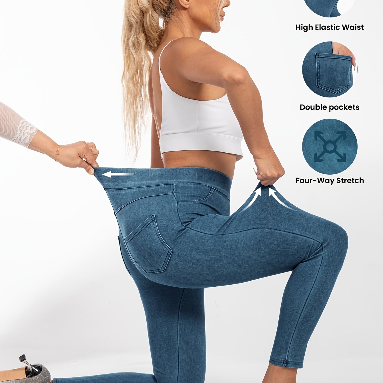 Ayollar uchun yuqori belli soxta denim jegging, elastik tasma va cho'ntaklar bilan. O'rtacha qo'llab-quvvatlash uchun polyester va spandeks aralashmasi. Mustaqil rang, to'qilgan mato, qisqa uzunlik. Har kuni kiyish uchun mos.