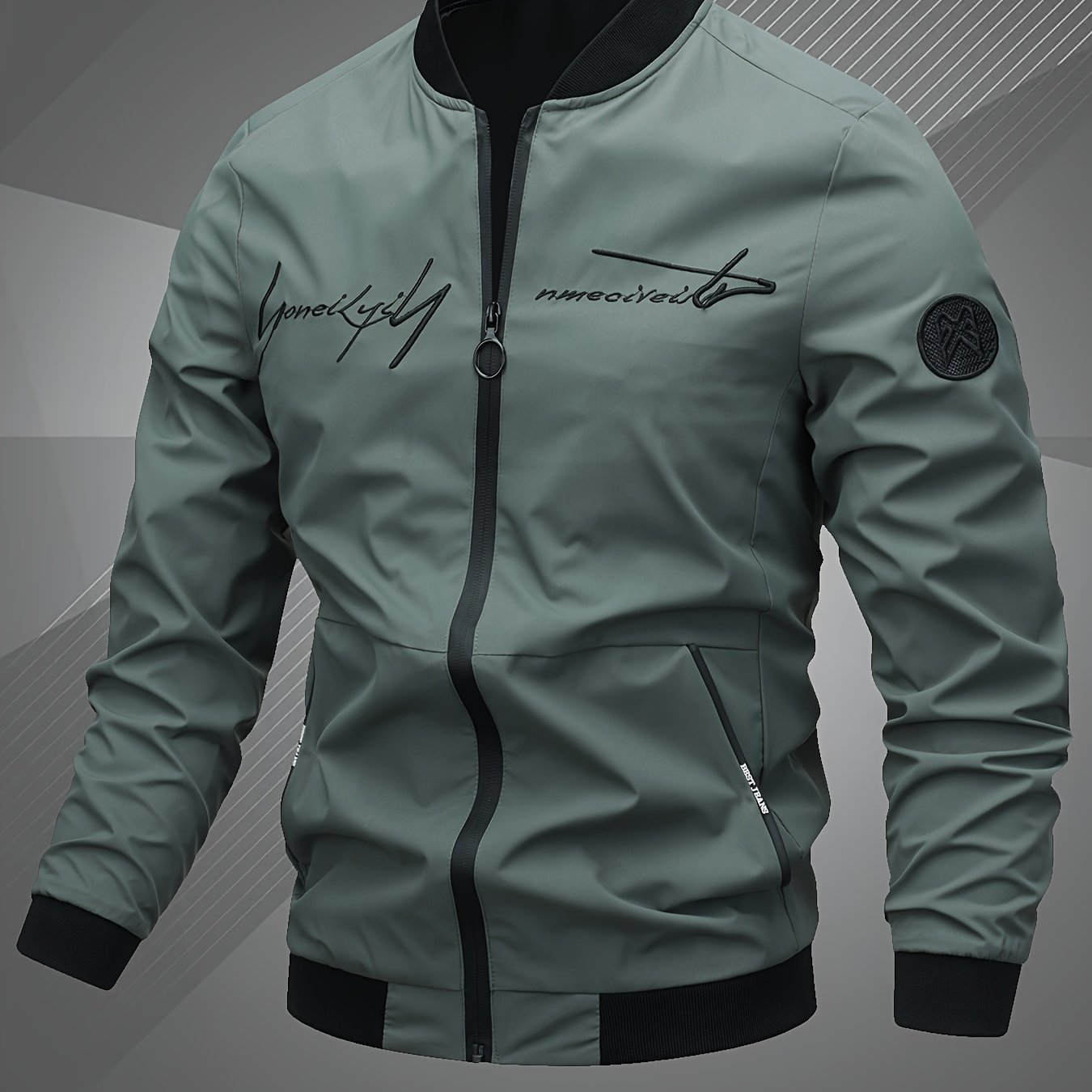 Chaqueta bomber de poliéster para hombre con letras bordadas, con cremallera, casual, deportiva