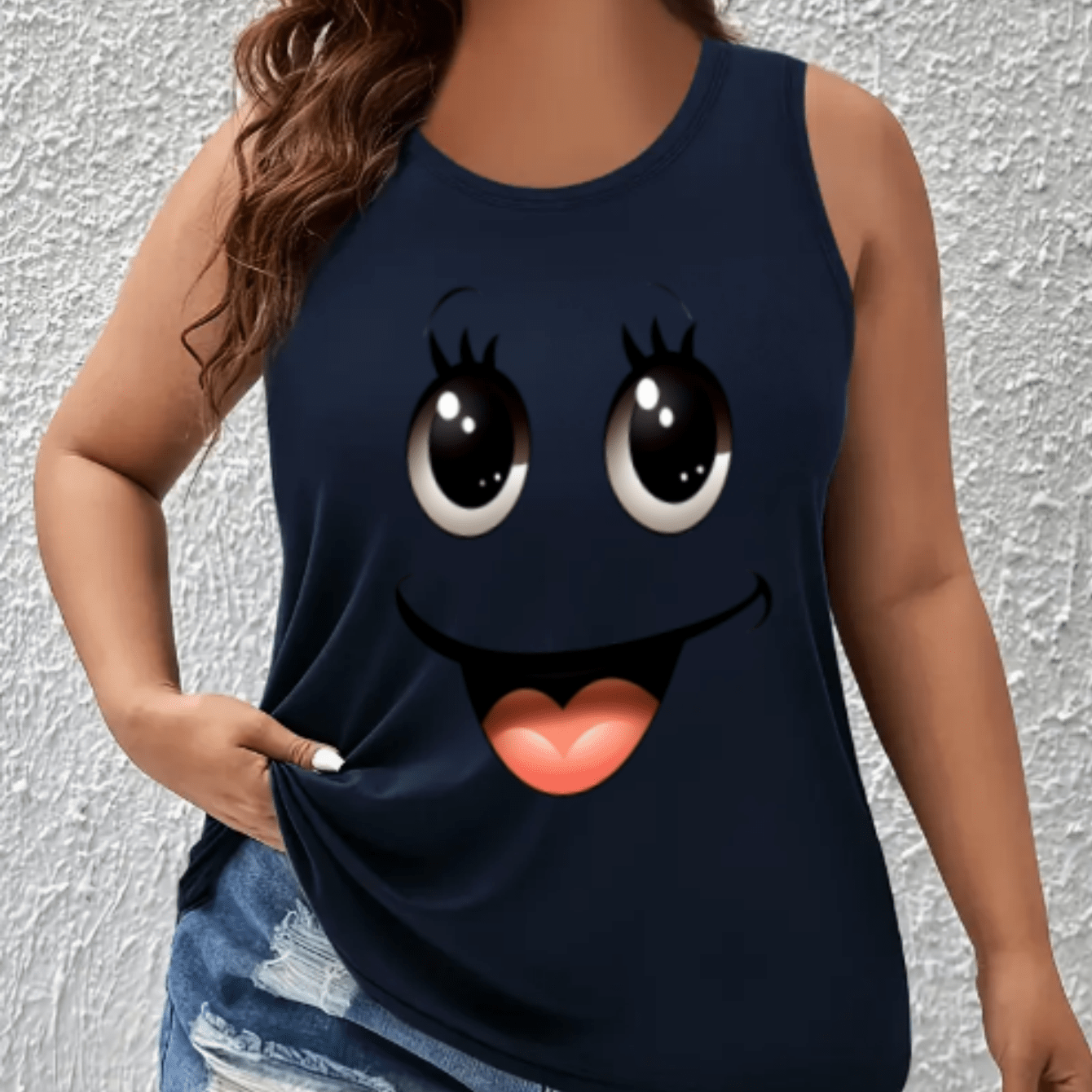 Plus Size Women Cotton Tank Top Cartoon Face Print Sleeveless Casual Summer Clothing