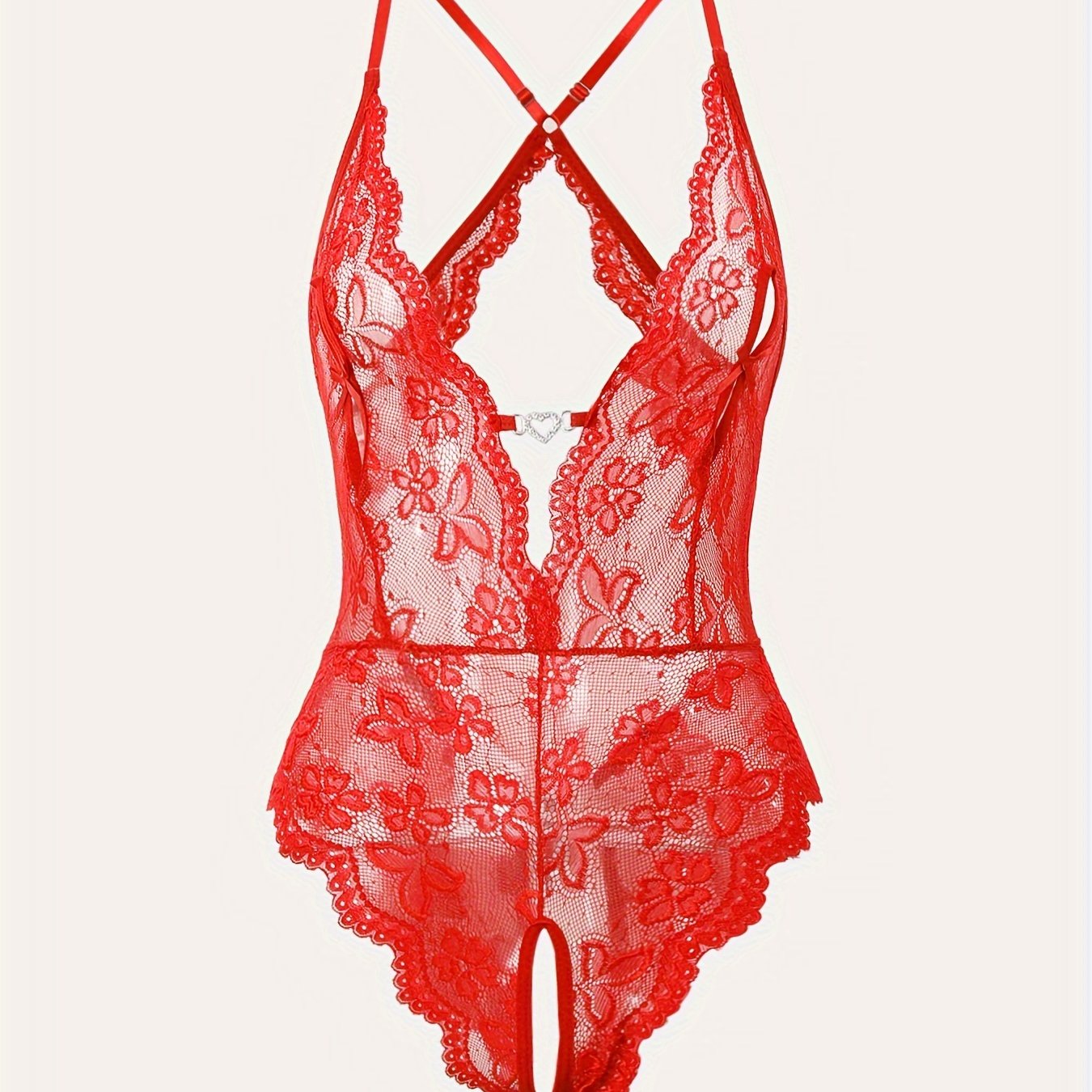 Women's Red Lace Bodysuit with Deep V-Neck and Floral Print Nylon Lingerie