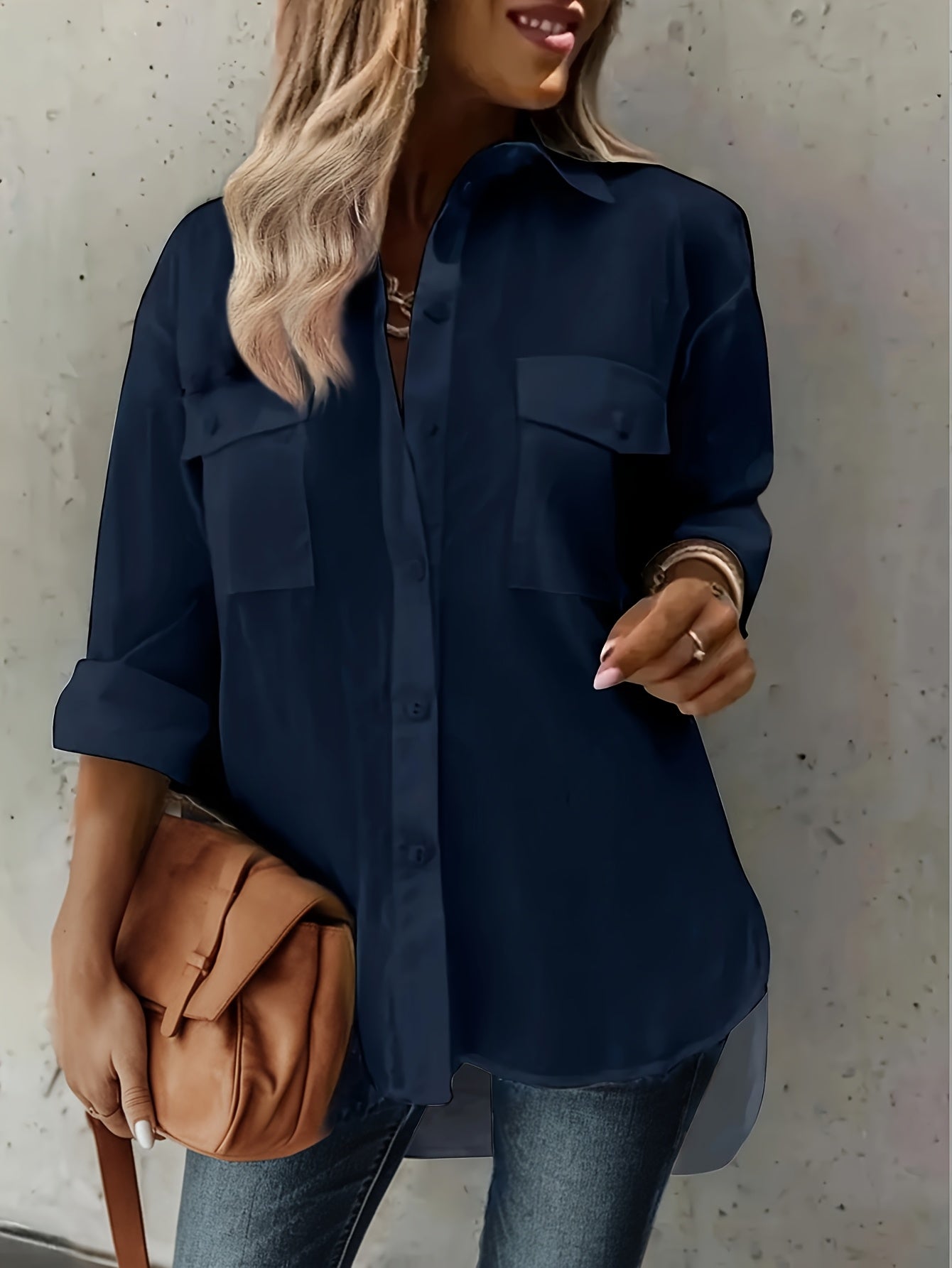 Plus Size Women's Chambray Short Sleeve Button-Up Shirt Casual Office Wear