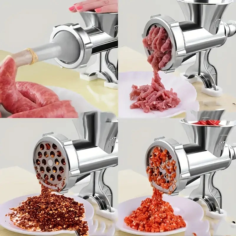 Ko‘p maqsadli oziq-ovqat tayyorlash uchun almashtiriladigan qo‘shimchalar bilan stainless steel qo‘lda go‘sht maydalagich.