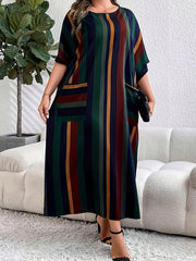 Plus Size Striped Dress with Pockets and Crew Neck for Women
