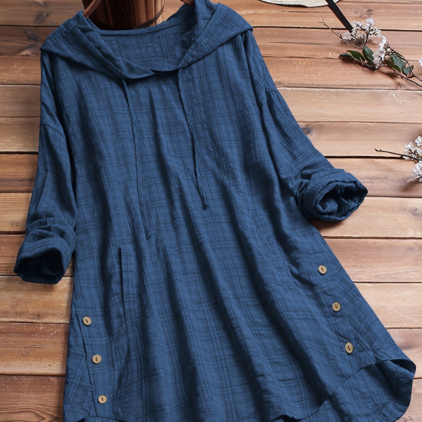 Women's Plaid Hooded Shirt with Asymmetrical Design and Waist Tie