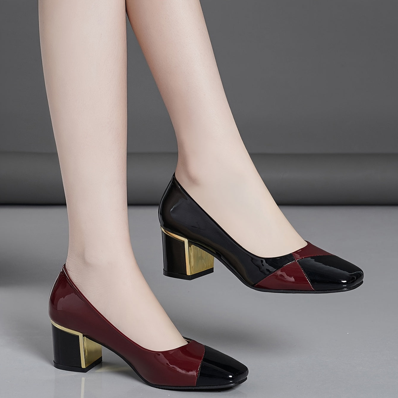 Women's Chunky Heels Square Toe Slip-On Shoes for Fall with Contrasting Colors