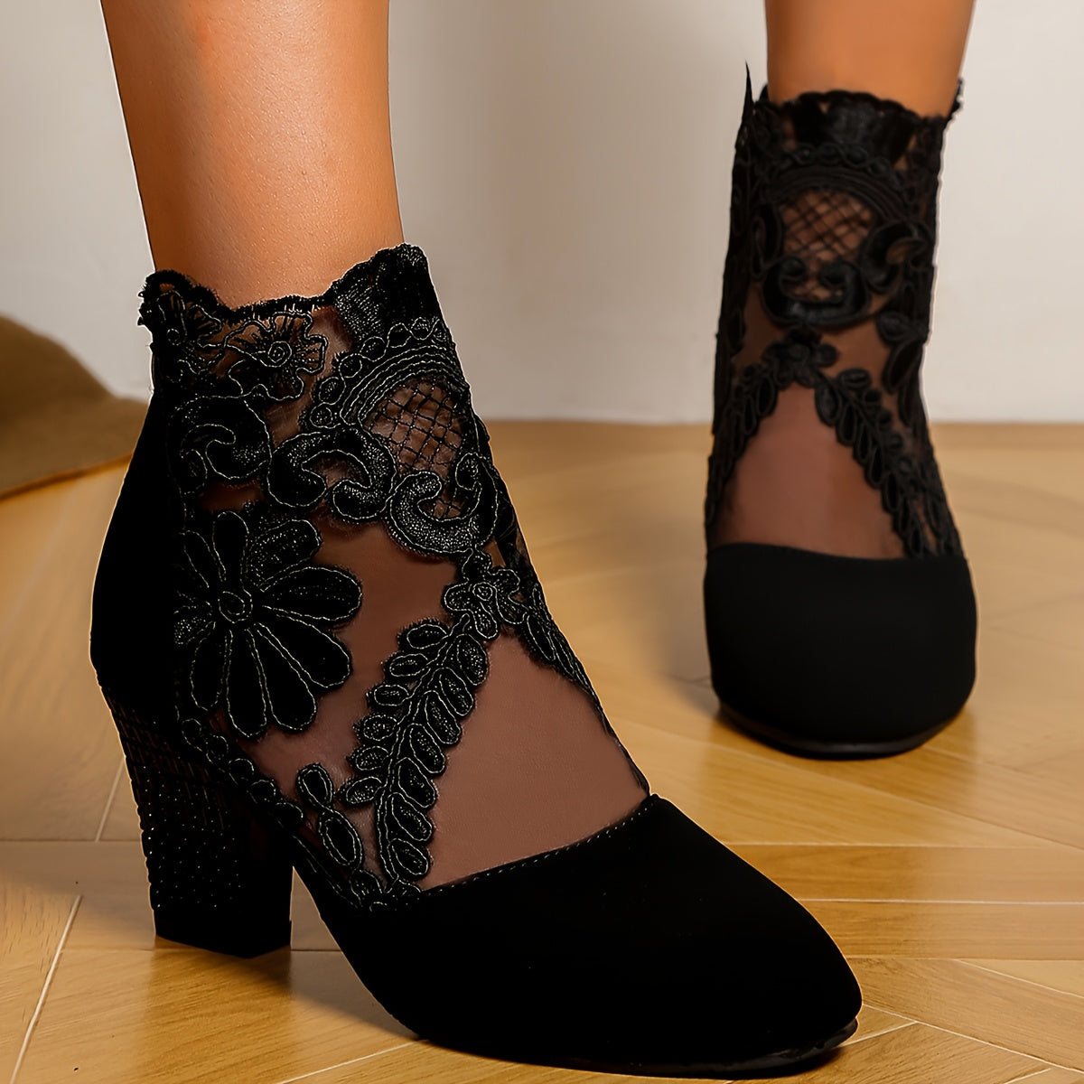 Women's Faux Cover Lace Trim Chunky Heel Ankle Boots Black Floral