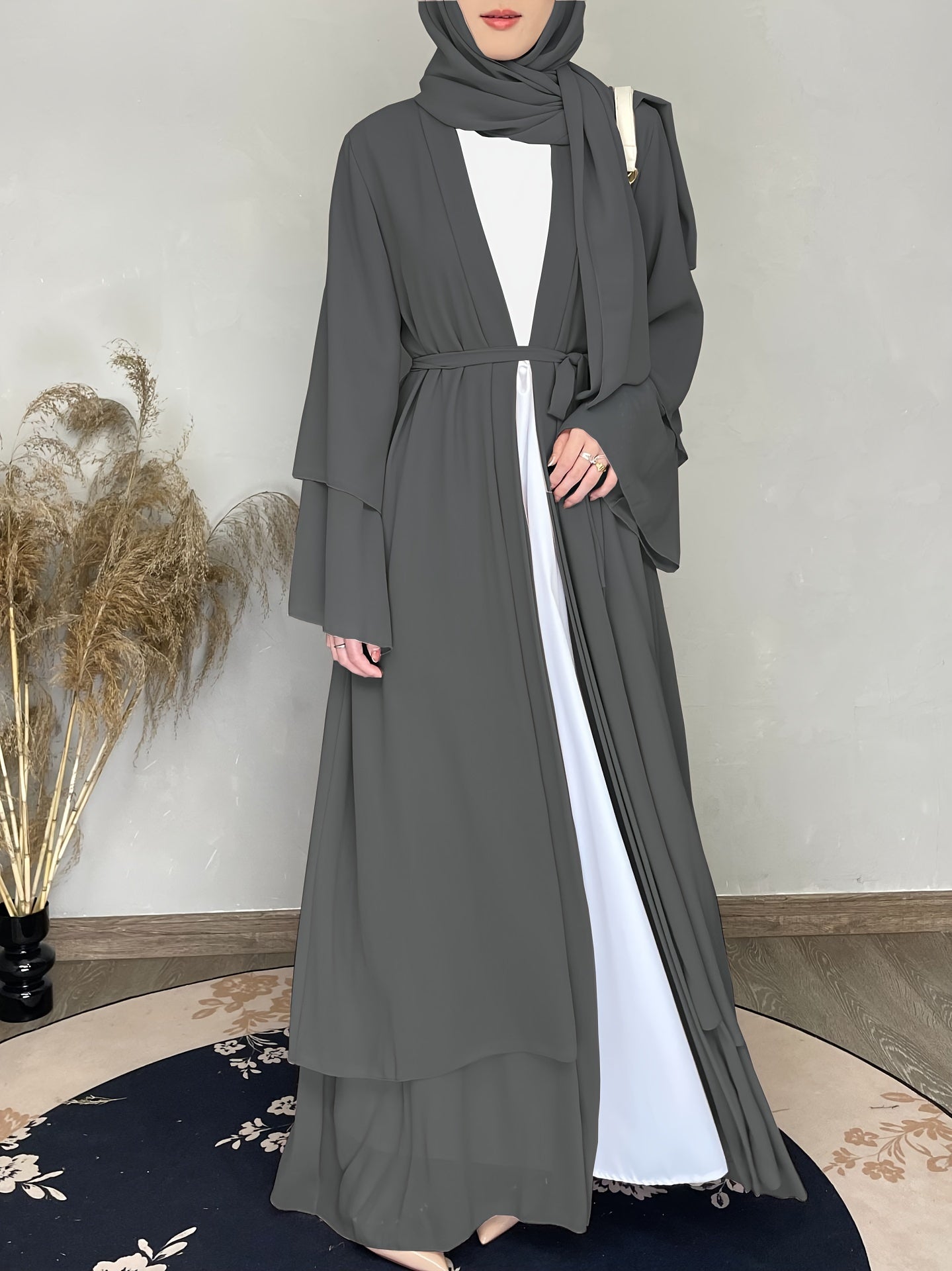 Modest Ramadan Maxi Dress for Women with Tie Waist Long Sleeve Chiffon Solid Color