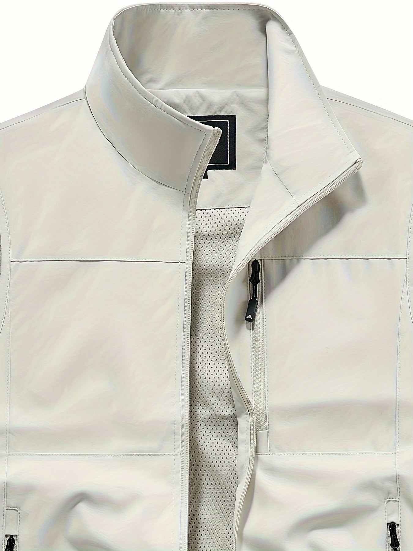 Erkaklar uchun polyester yengsiz jilet: Qora, ko'p cho'ntakli dizayn, fermuar yopilishi, to'rli astar - Bahor/Kuz ochiq havoda kiyish uchun ideal.