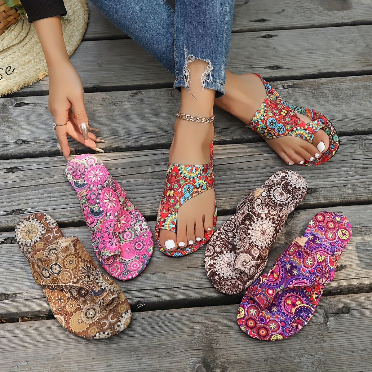 Women's Flat Sandals Bohemian Floral Colorful Slip-On All-Season