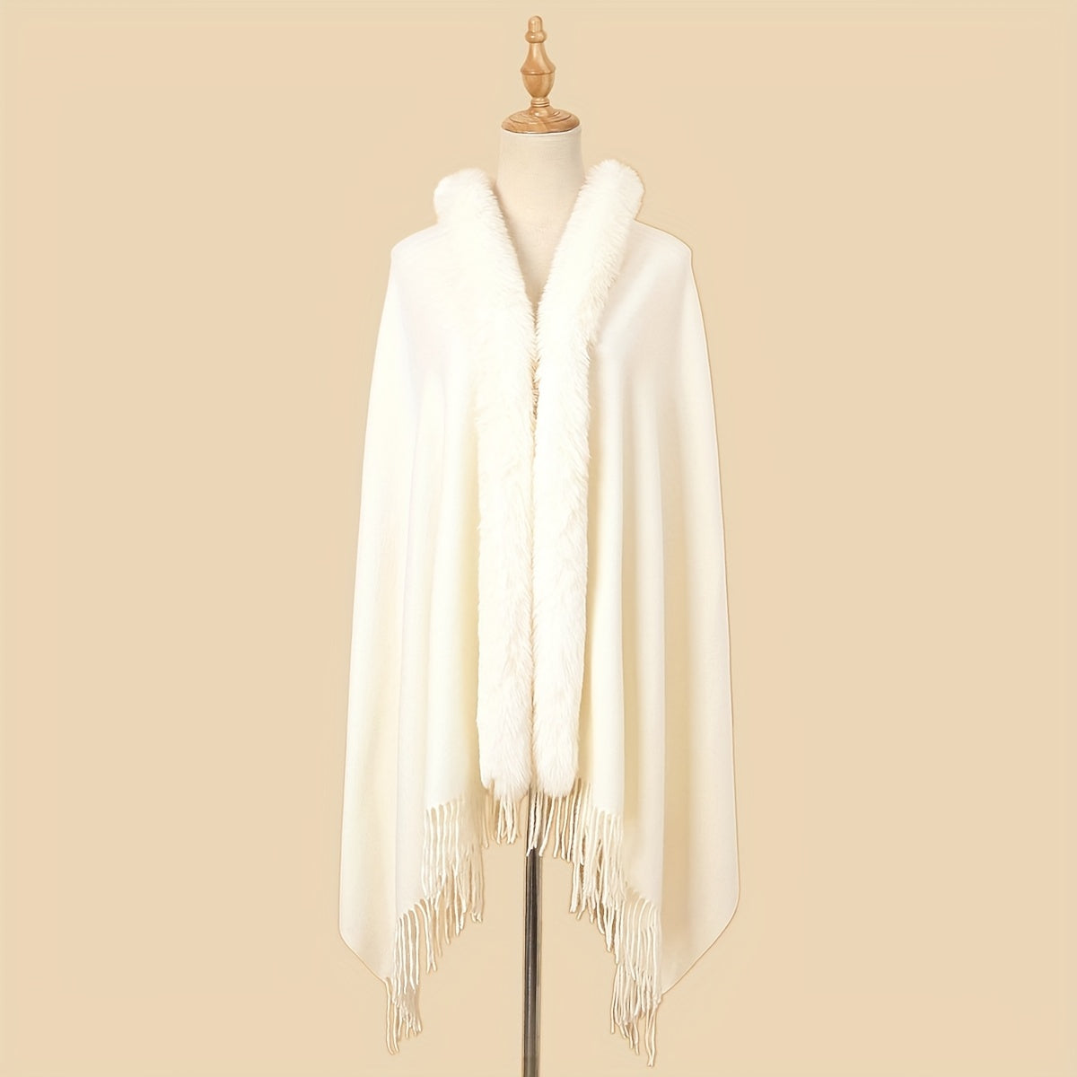 Winter Shawl with Faux Fur Collar Solid Color Loose Fit Knit Wrap Coat