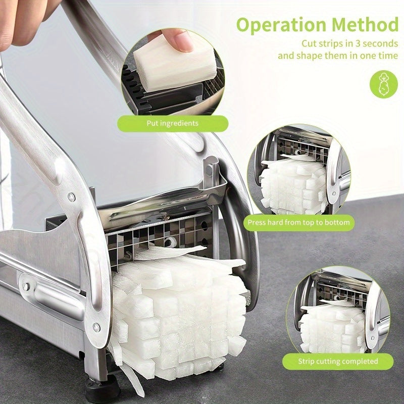 Qoʻlda kesish uchun ikki pichoq bilan stainless steel French fry cutter, kartoshka va boshqa meva va sabzavotlarni kesish uchun. Barqarorlik uchun yopishmaydigan asos. Uy va professional oshxonalarga mos.