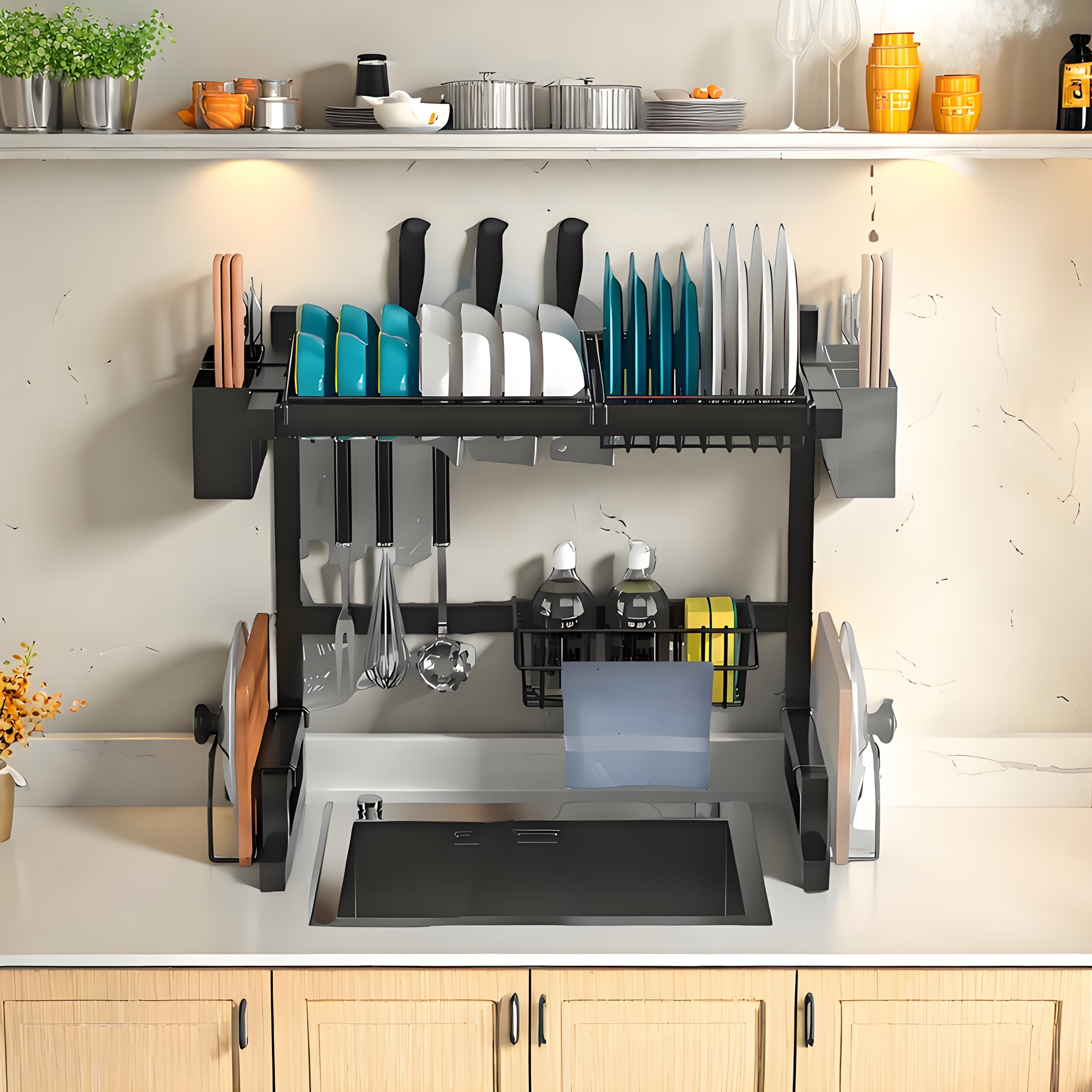 Qattiq temirdan tayyorlangan, idishlarni yuvish uchun ustun ustiga o'rnatiladigan qattiq qopqoq bilan, ko'p qatlamli saqlash, joyni tejovchi dizayn, idishlar savat, stakan qopqoq, ganchlar, tozalash maydoni bilan, quvvat talab qilmaydi.