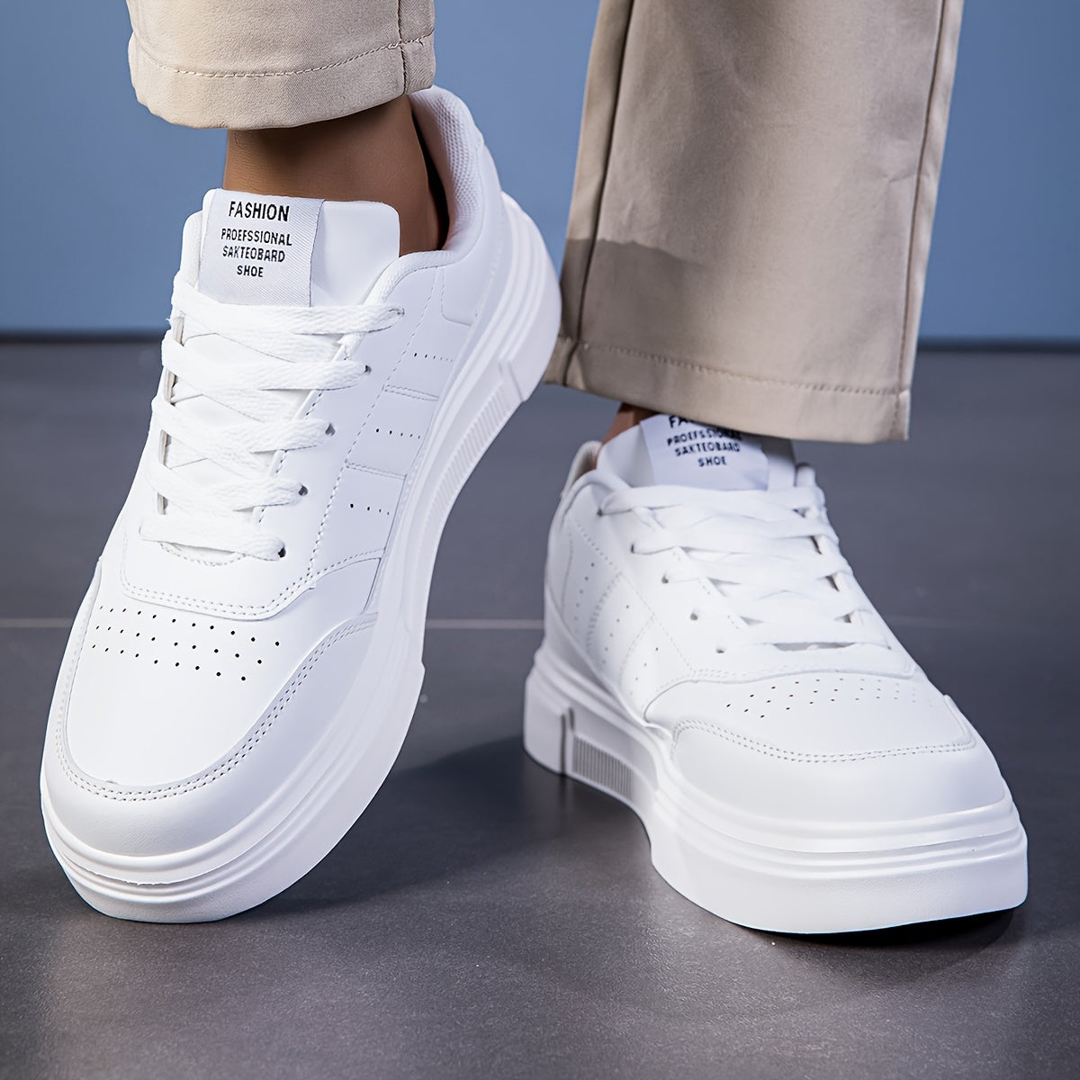 Zapatillas casuales blancas para hombre de cordones de bajo perfil con suela de EVA, aptas para todas las estaciones, cómodas y duraderas
